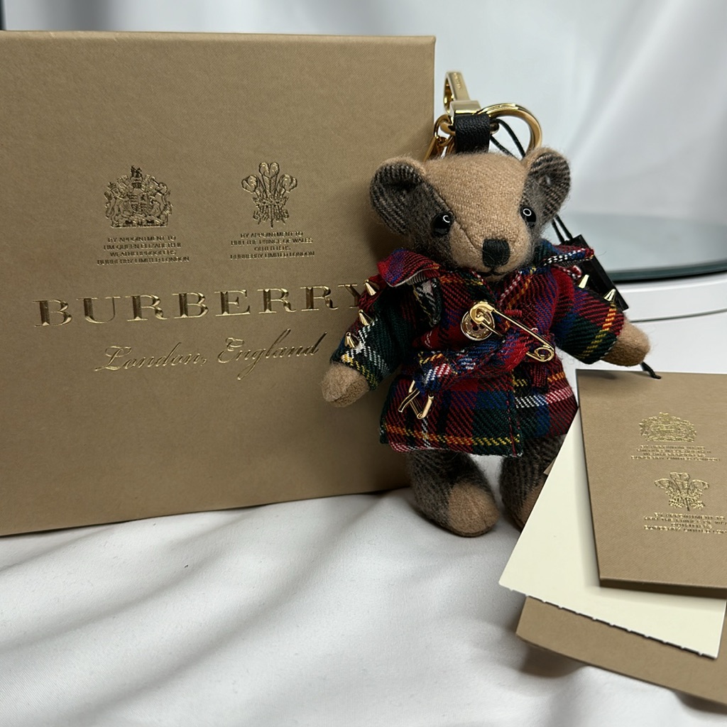 Burberry Thomas Bear Red Tartan Check Gold Stud & Pin Design Coat Bag Charm